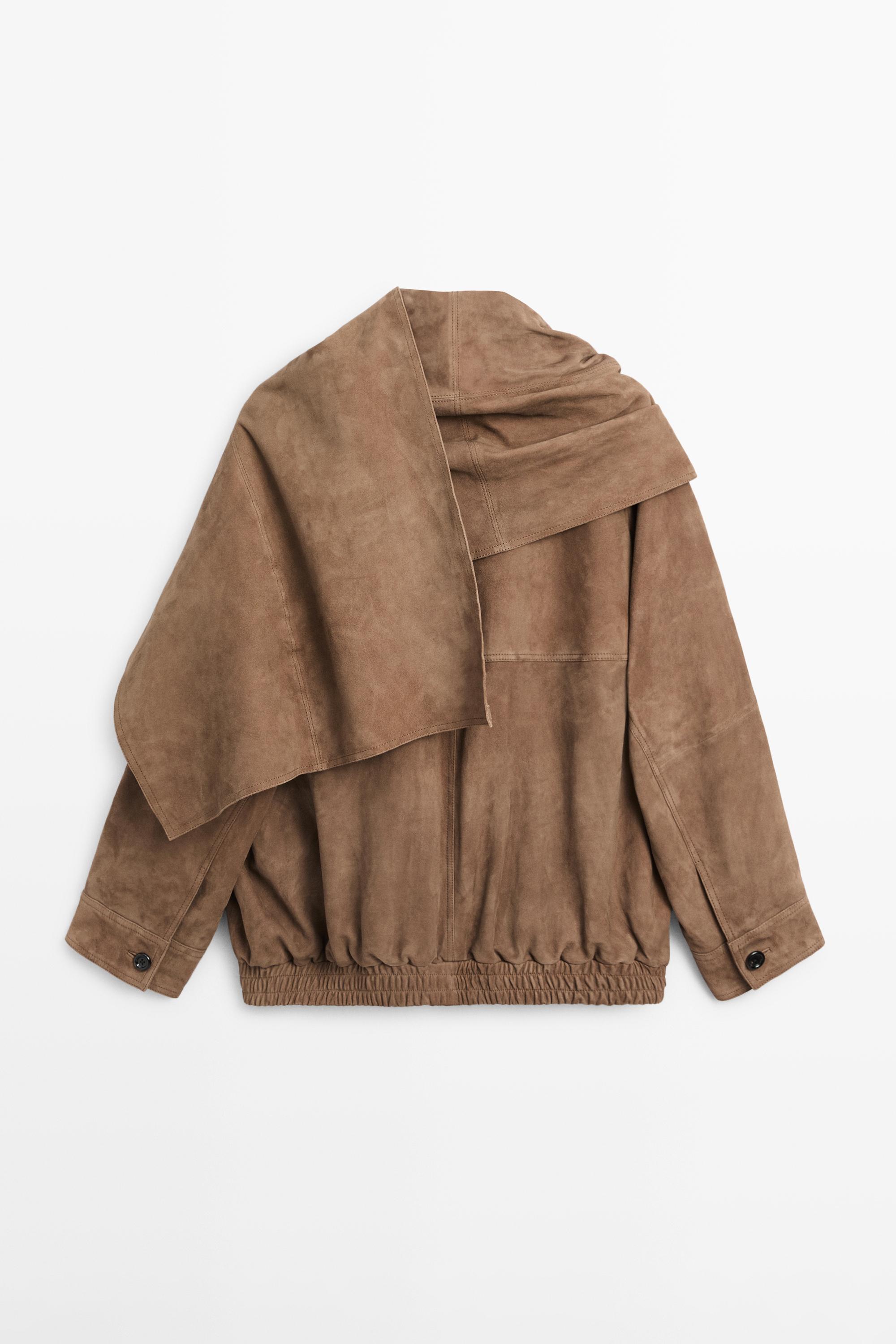 Blouson bomber en cuir et daim, détail écharpe
